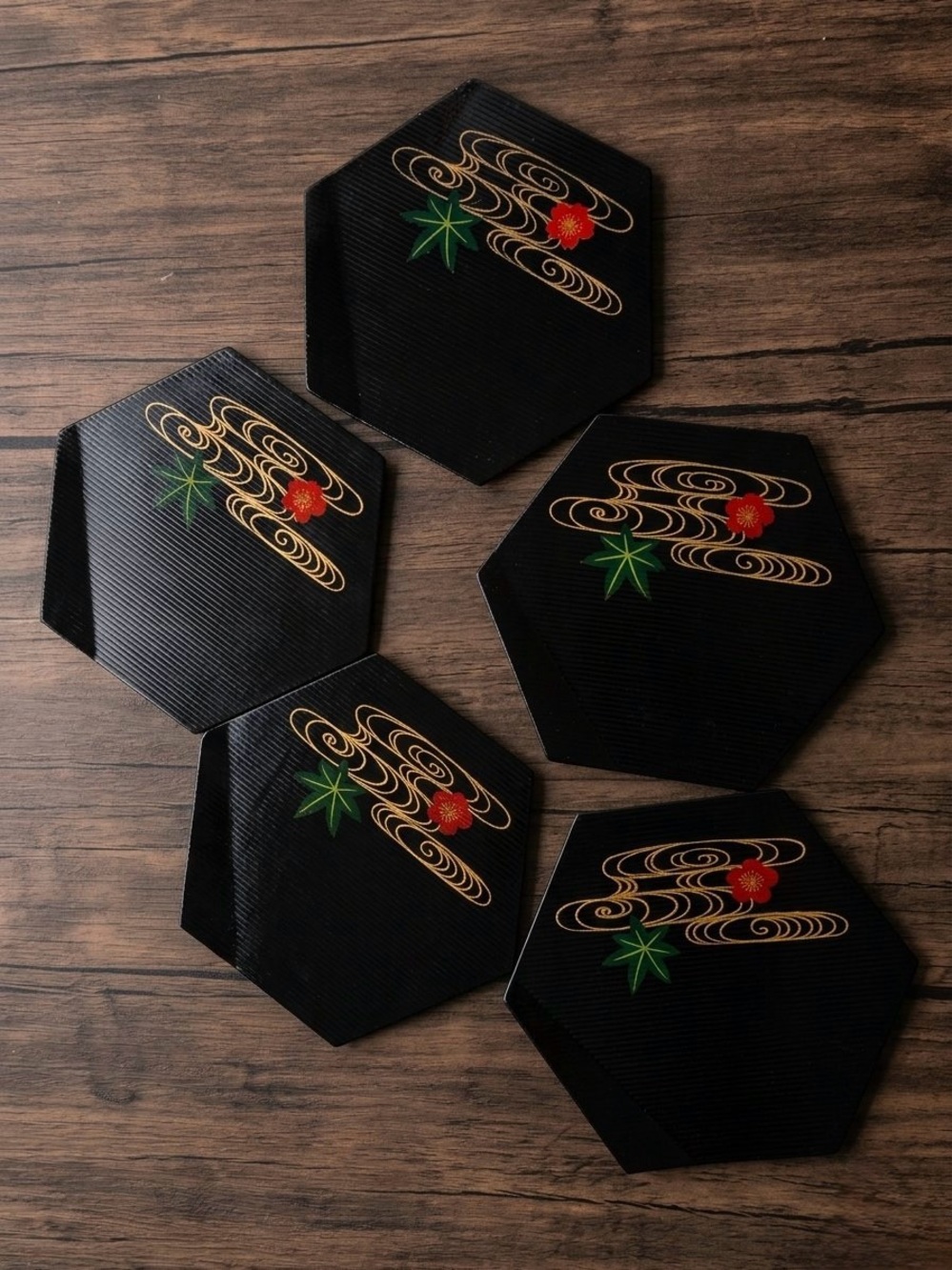 Vintage Japanese Black Lacquer Coasters Small Plates Hexagon Floral Set of 5 MCM